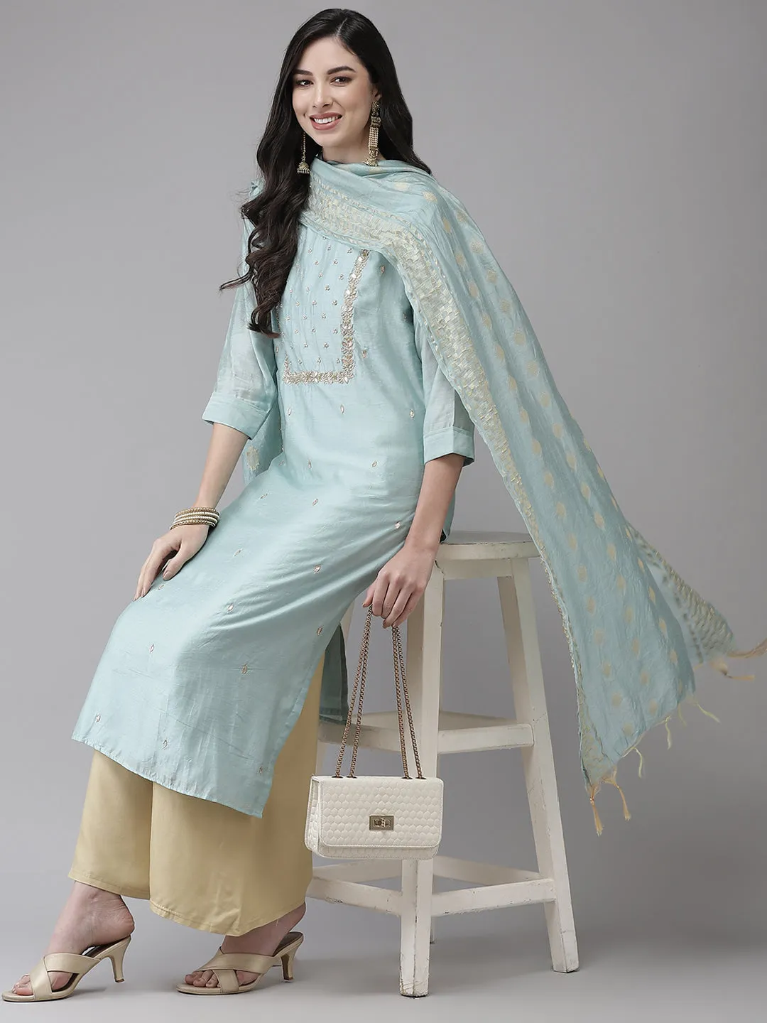 Ishin Women's Cotton Silk Sea Green Embroidered A-Line Kurta With Dupatta