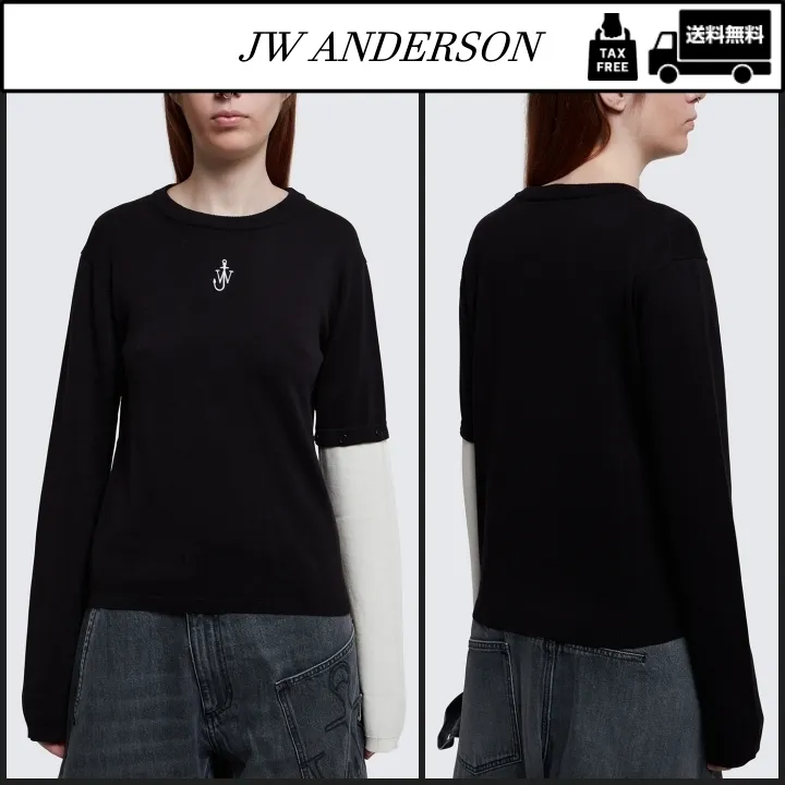 J W ANDERSON  |Crew Neck Silk Cotton Elegant Style Logo V-neck & Crew neck