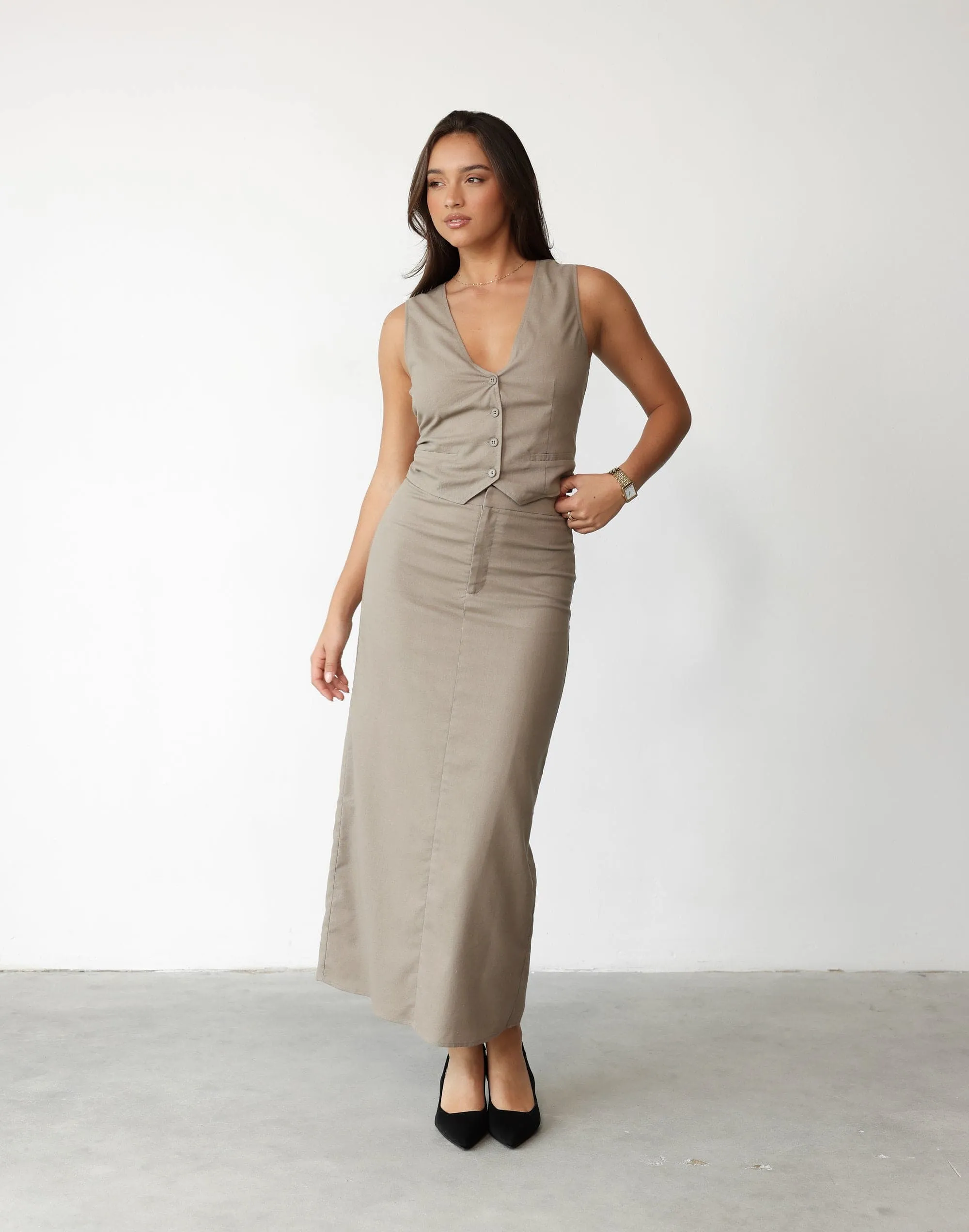 Keanna Linen Maxi Skirt (Stone)