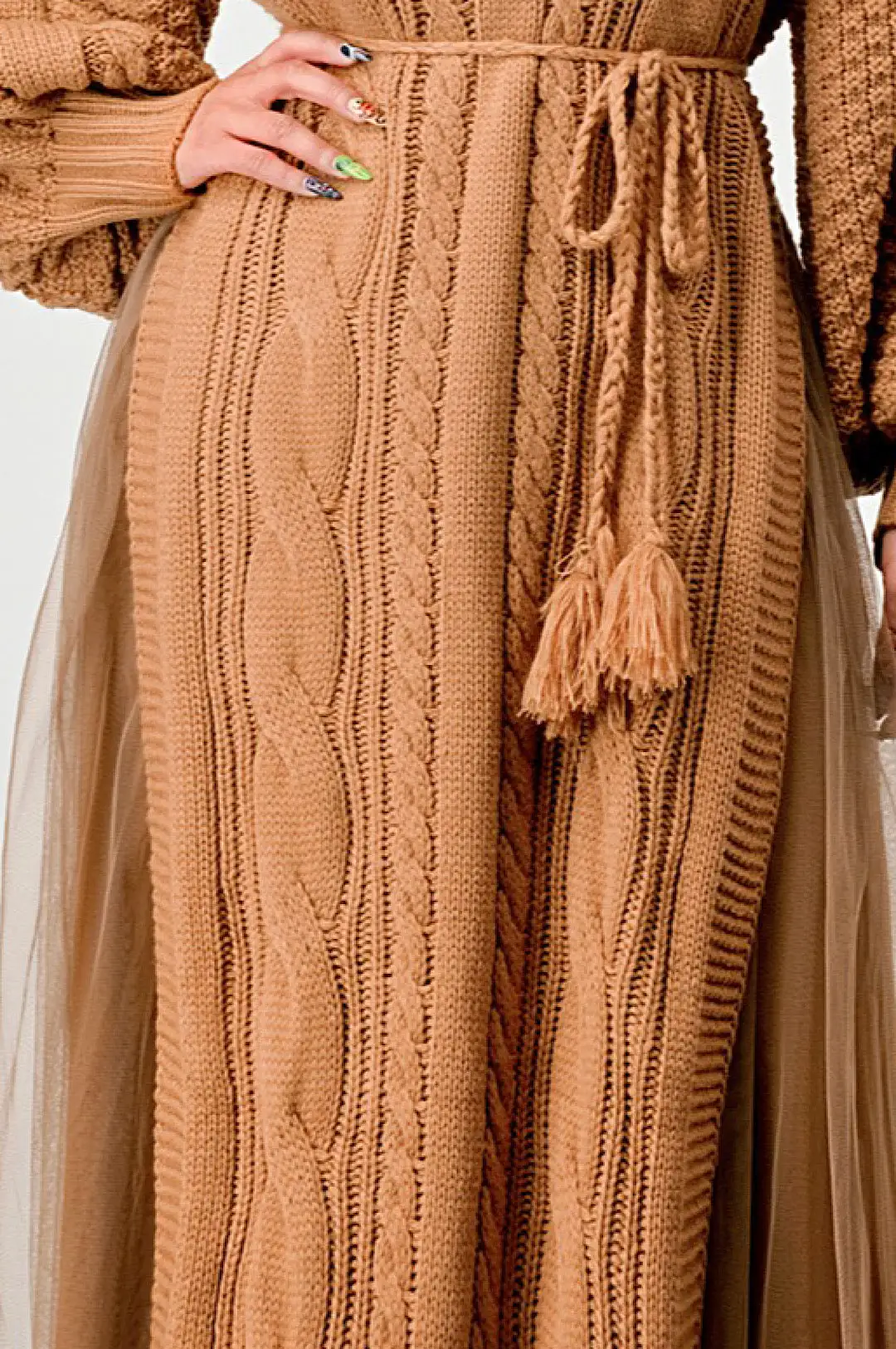 Light Brown Knit Tulle Two Piece Skirt Set