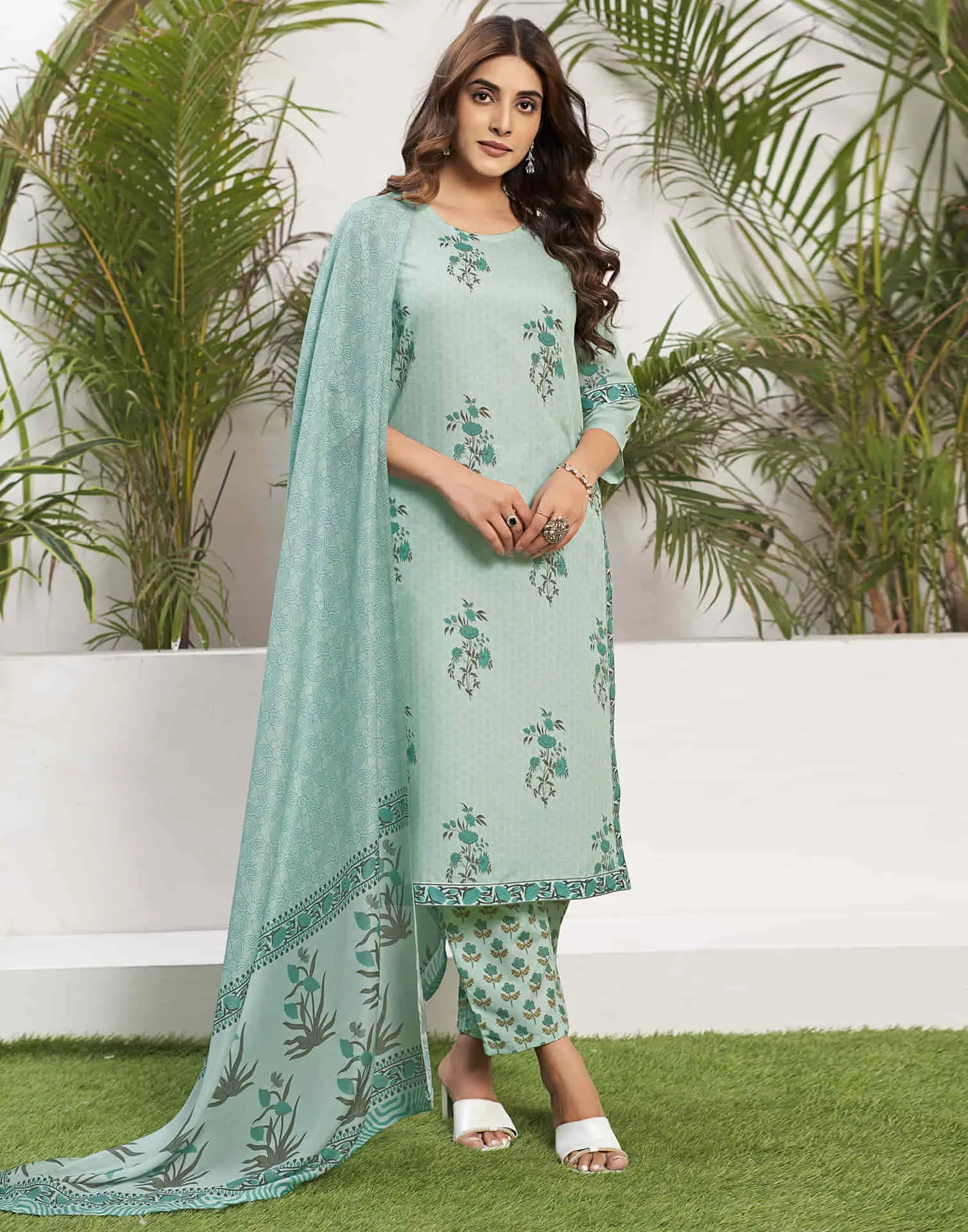 Light Pista Green Printed Rayon Straight Kurta With Pant And Dupatta