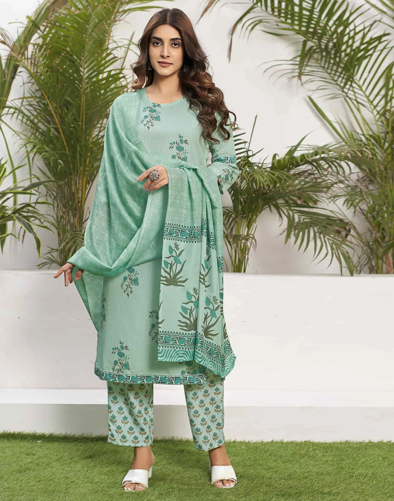 Light Pista Green Printed Rayon Straight Kurta With Pant And Dupatta