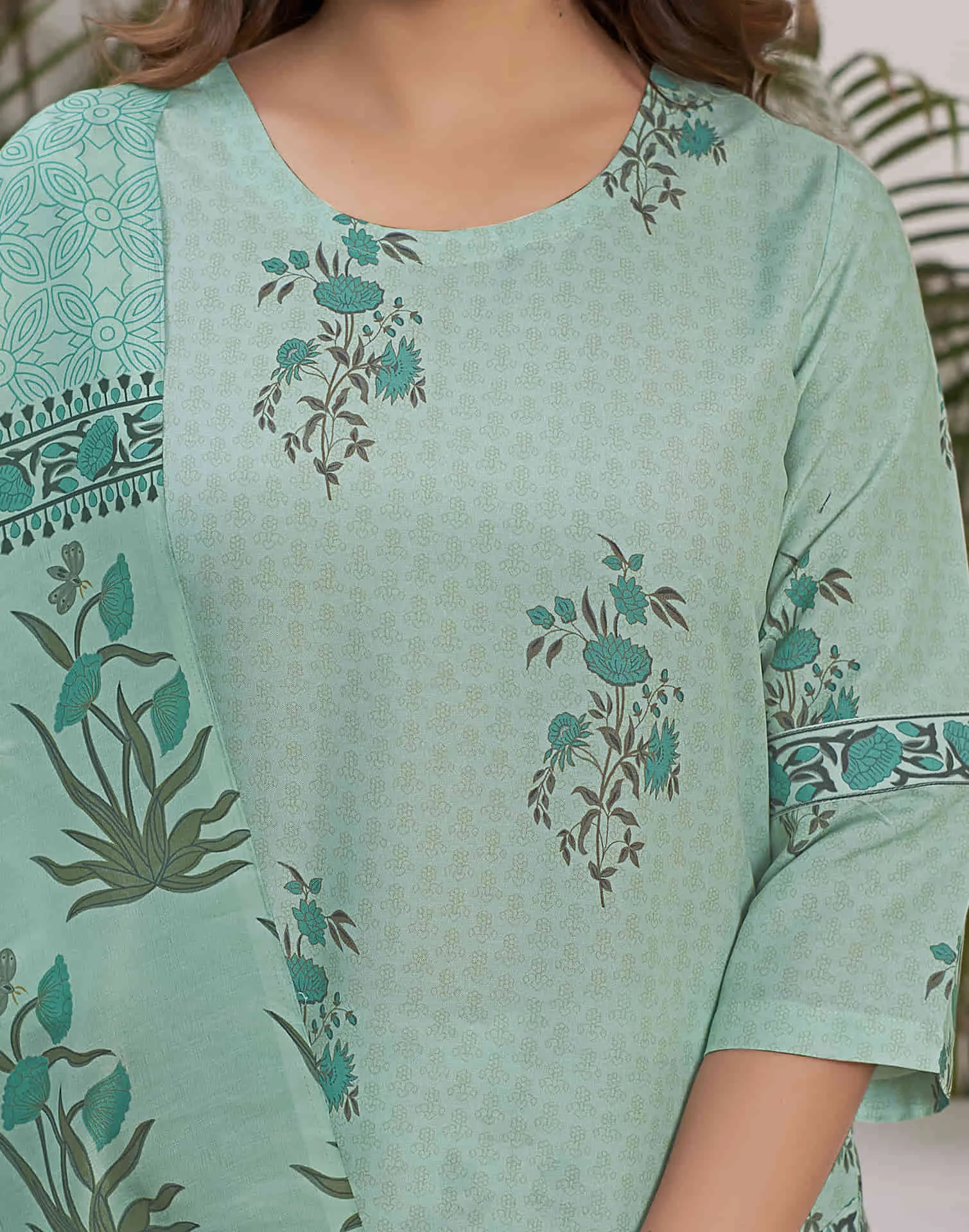 Light Pista Green Printed Rayon Straight Kurta With Pant And Dupatta