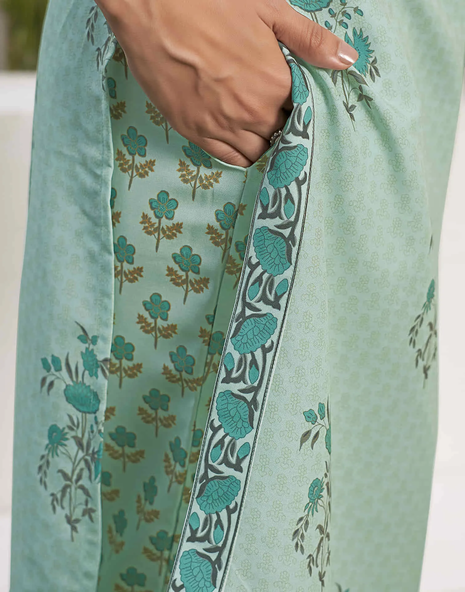 Light Pista Green Printed Rayon Straight Kurta With Pant And Dupatta