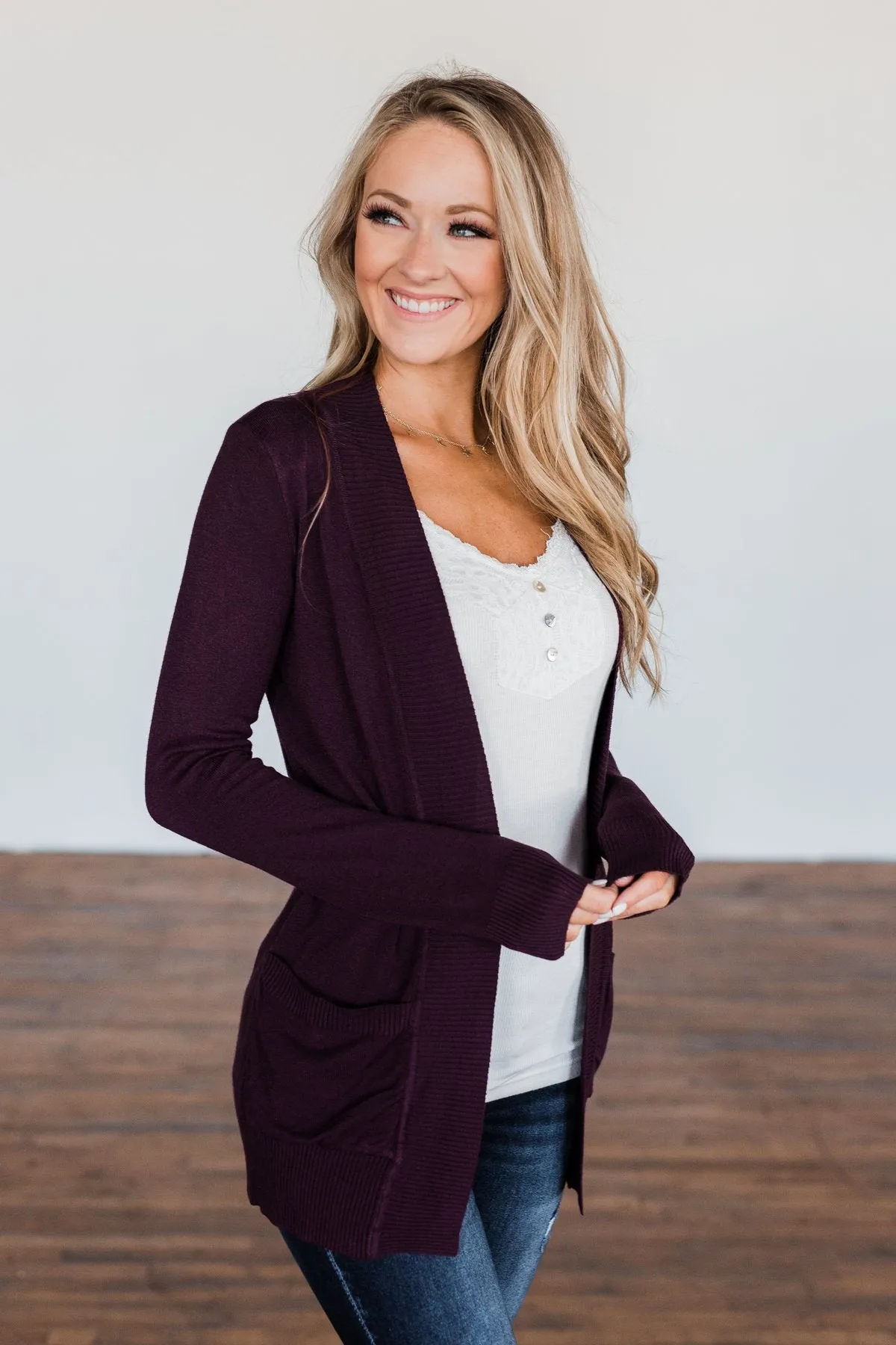 Light Weight Open Front Cardigan- Dark Eggplant