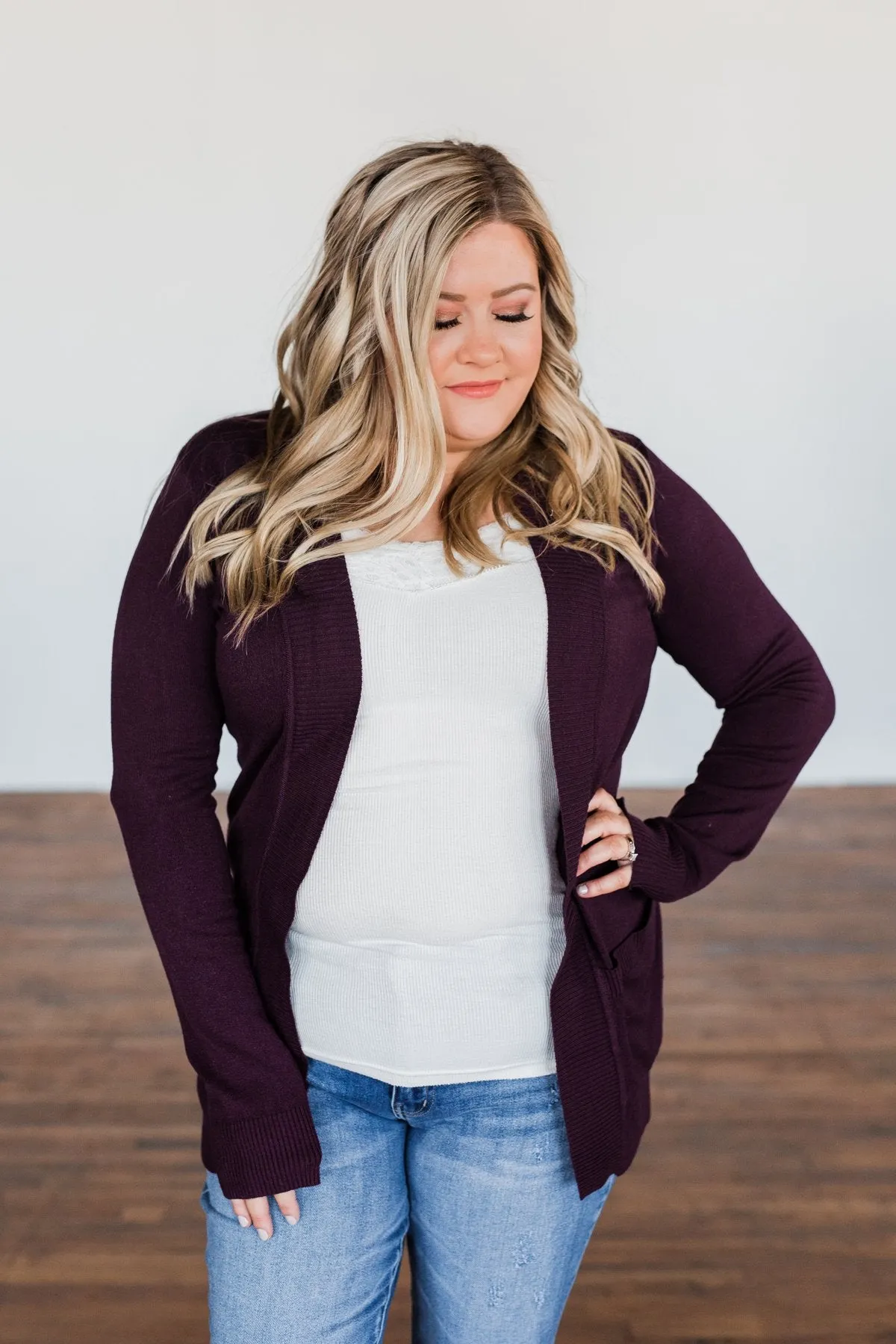 Light Weight Open Front Cardigan- Dark Eggplant