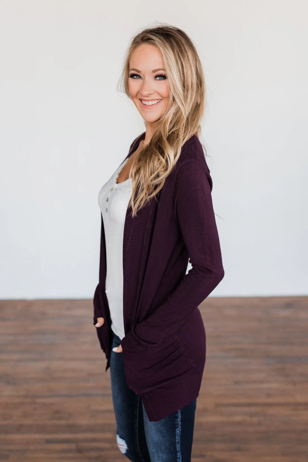 Light Weight Open Front Cardigan- Dark Eggplant