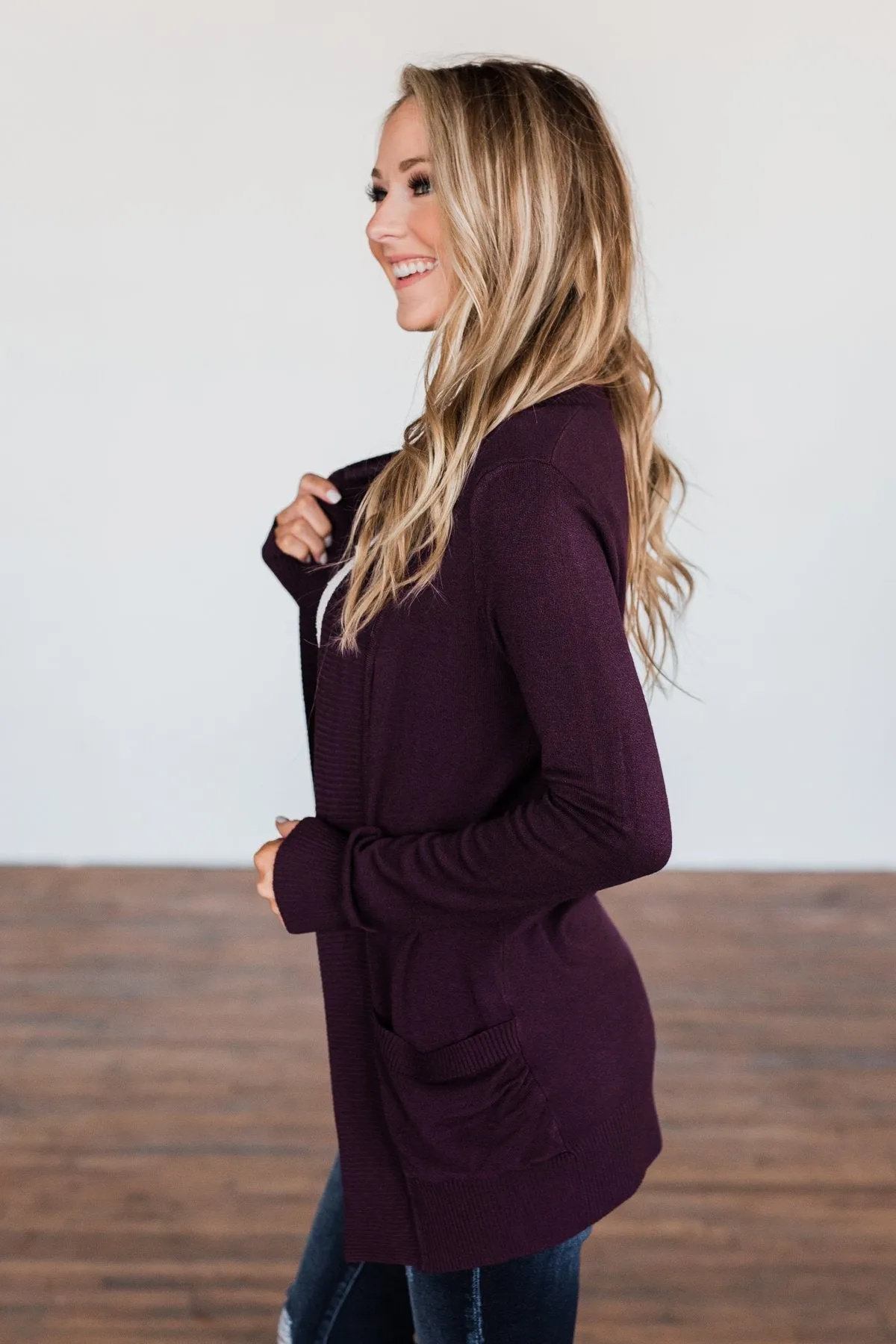 Light Weight Open Front Cardigan- Dark Eggplant