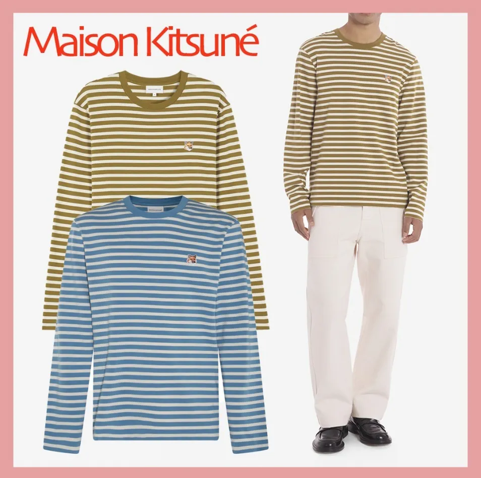 MAISON KITSUNE  |Crew Neck Stripes Unisex Street Style Long Sleeves Cotton