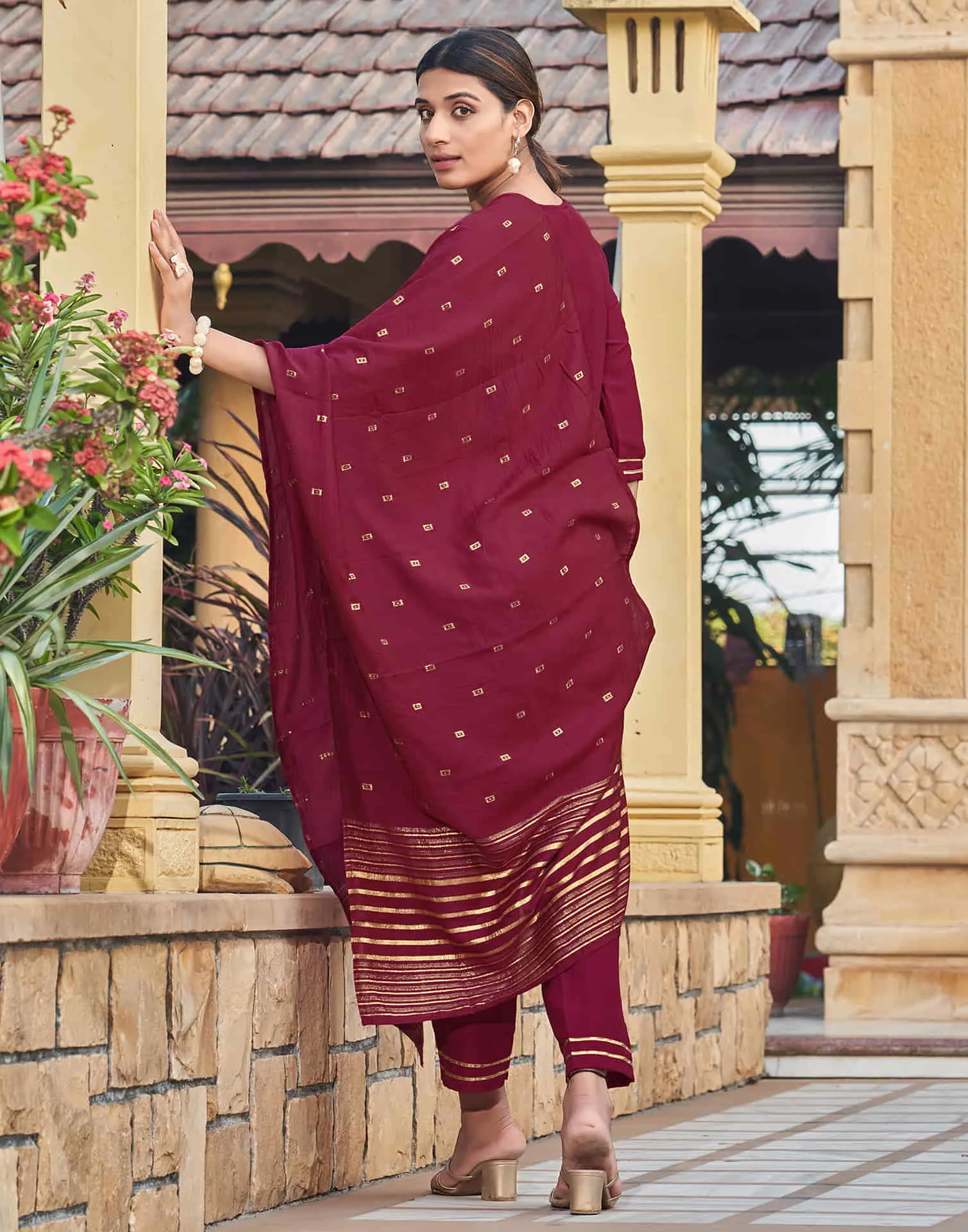 Maroon Sequence Chinnon Straight Kurta With Pant And Dupatta