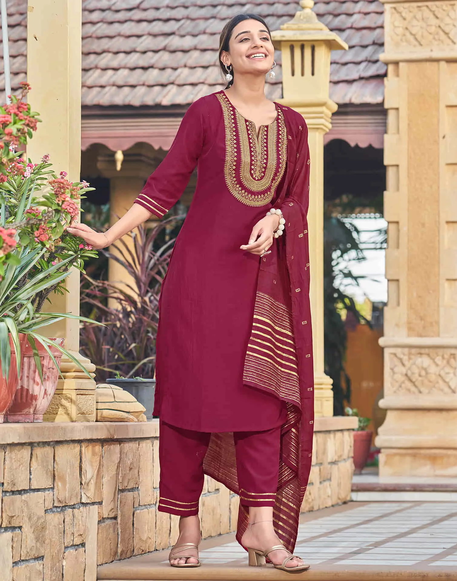 Maroon Sequence Chinnon Straight Kurta With Pant And Dupatta