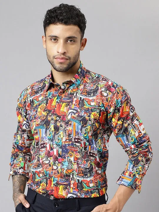 Men Multi color Conversational Printed Viscose Rayon Slim Fit Party Shirt