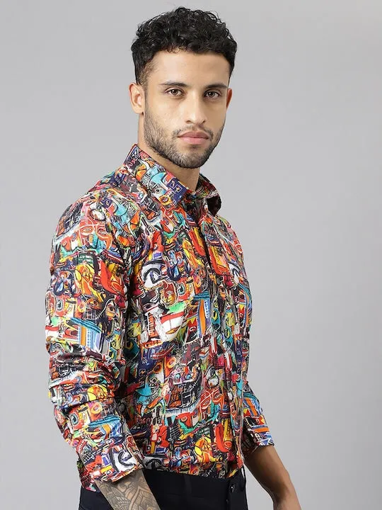 Men Multi color Conversational Printed Viscose Rayon Slim Fit Party Shirt