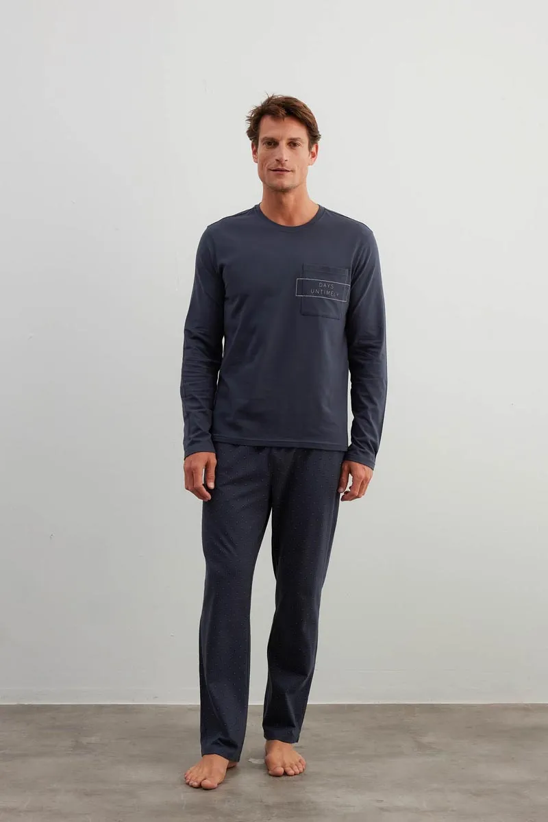 Men's Cotton Long Sleeve Pajama Set with Pockets