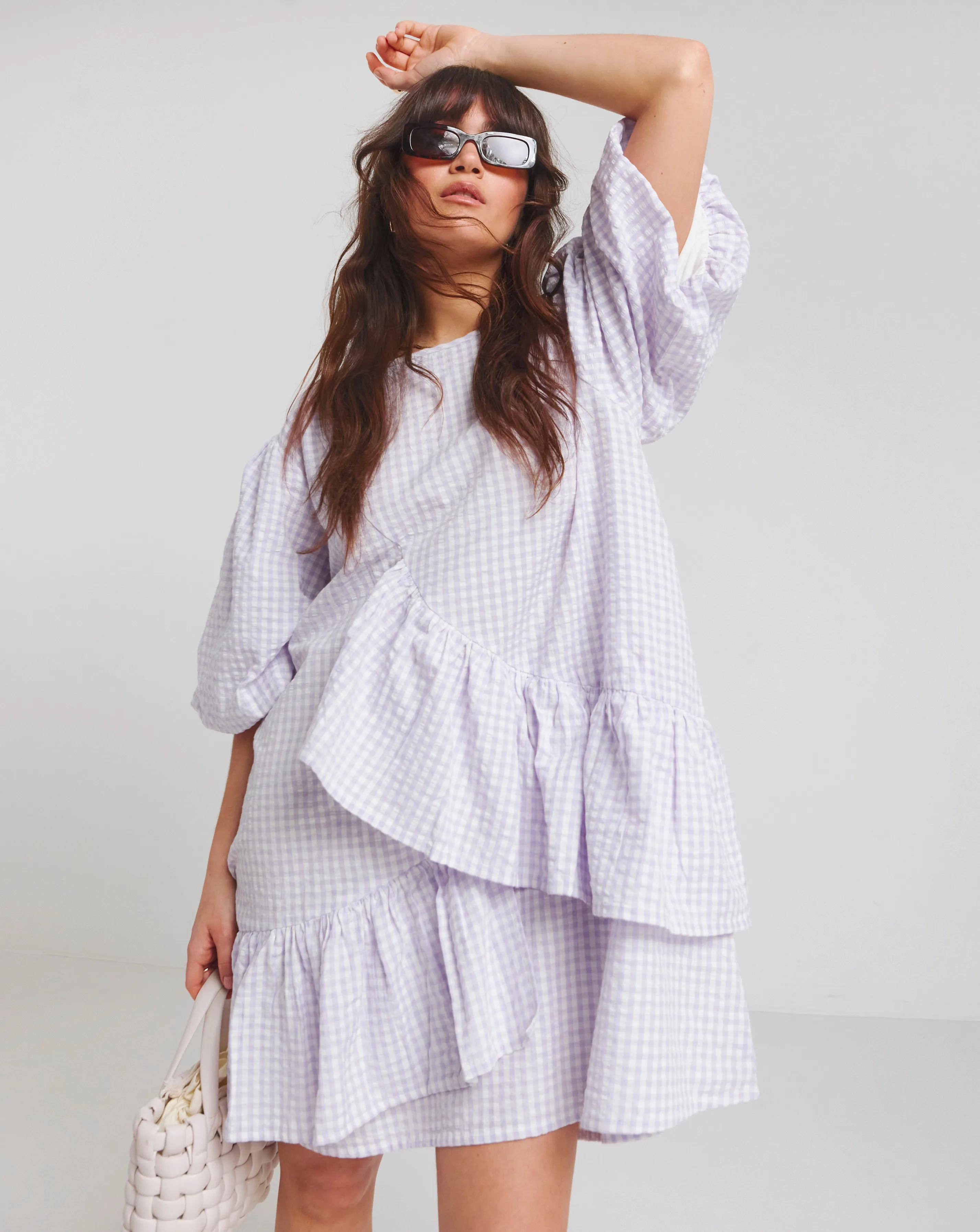 Native Youth Lilac Gingham Asymmetric Ruffle Detail Mini Dress | Simply Be