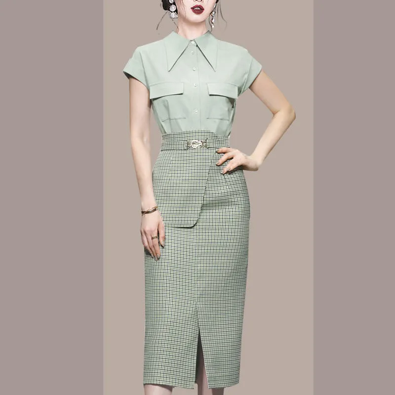 Plaid Girdle Slim Skirt Suit