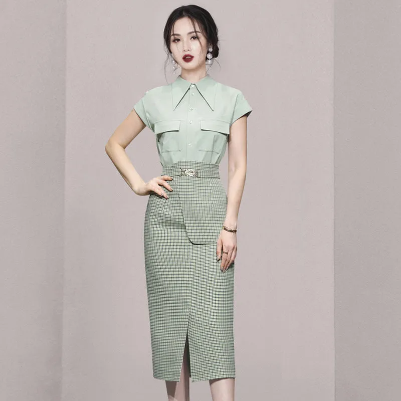 Plaid Girdle Slim Skirt Suit