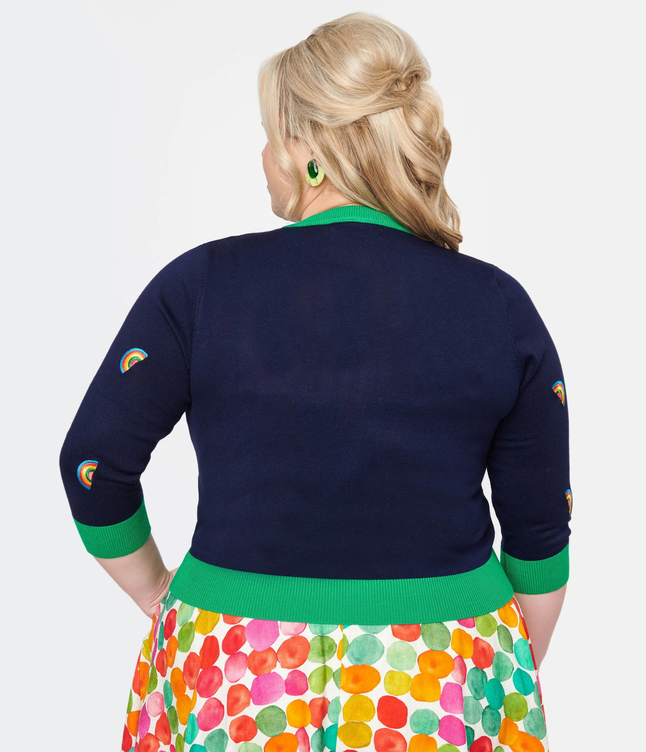 Plus Size 1950s Navy & Green Rainbow Embroidered Skye Cardigan