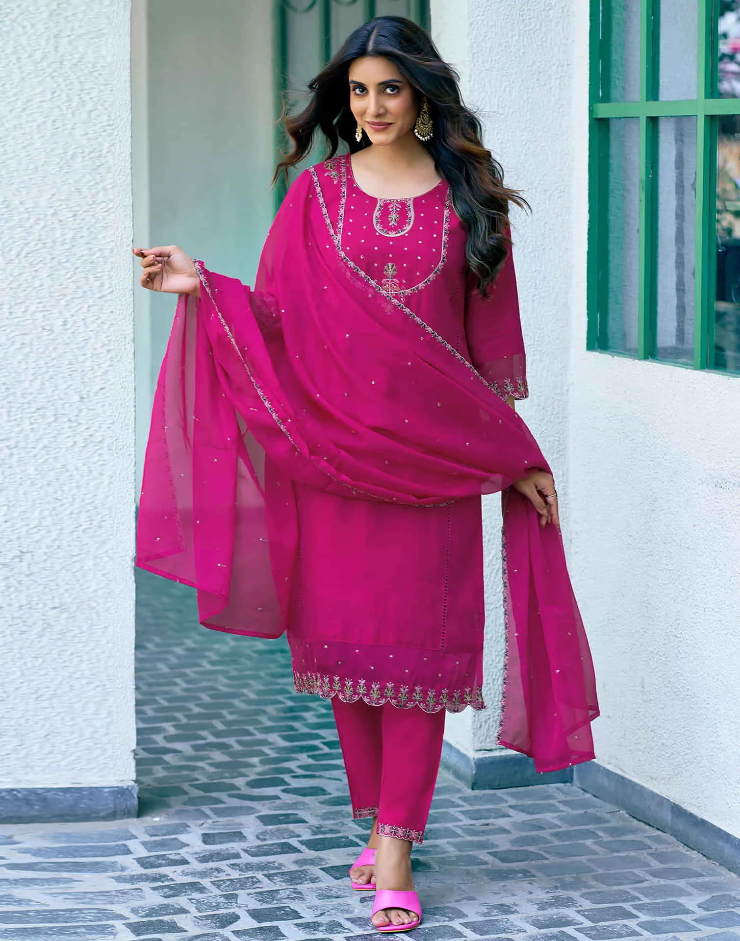 Rani Pink Sequence Silk Straight Kurta With Pant And Dupatta