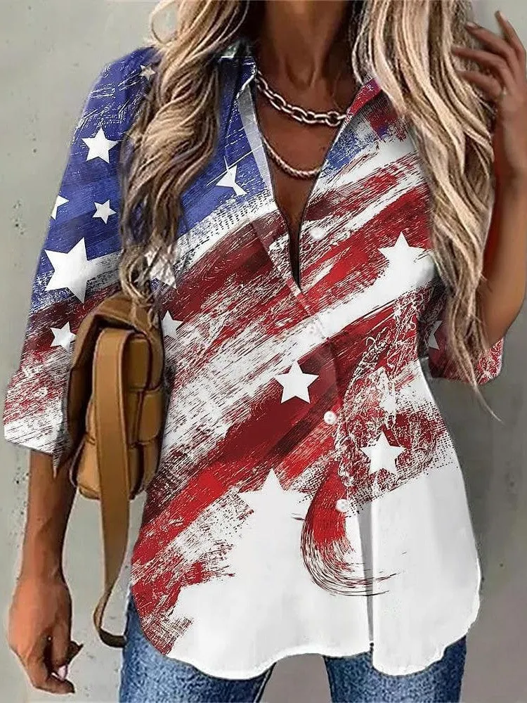 Red USA National Flag Print Women's Long Sleeve Blouse