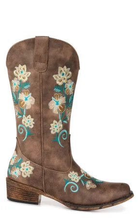 Roper Women's Riley Brown with Floral Embroidery Snip Toe Cowboy Boots