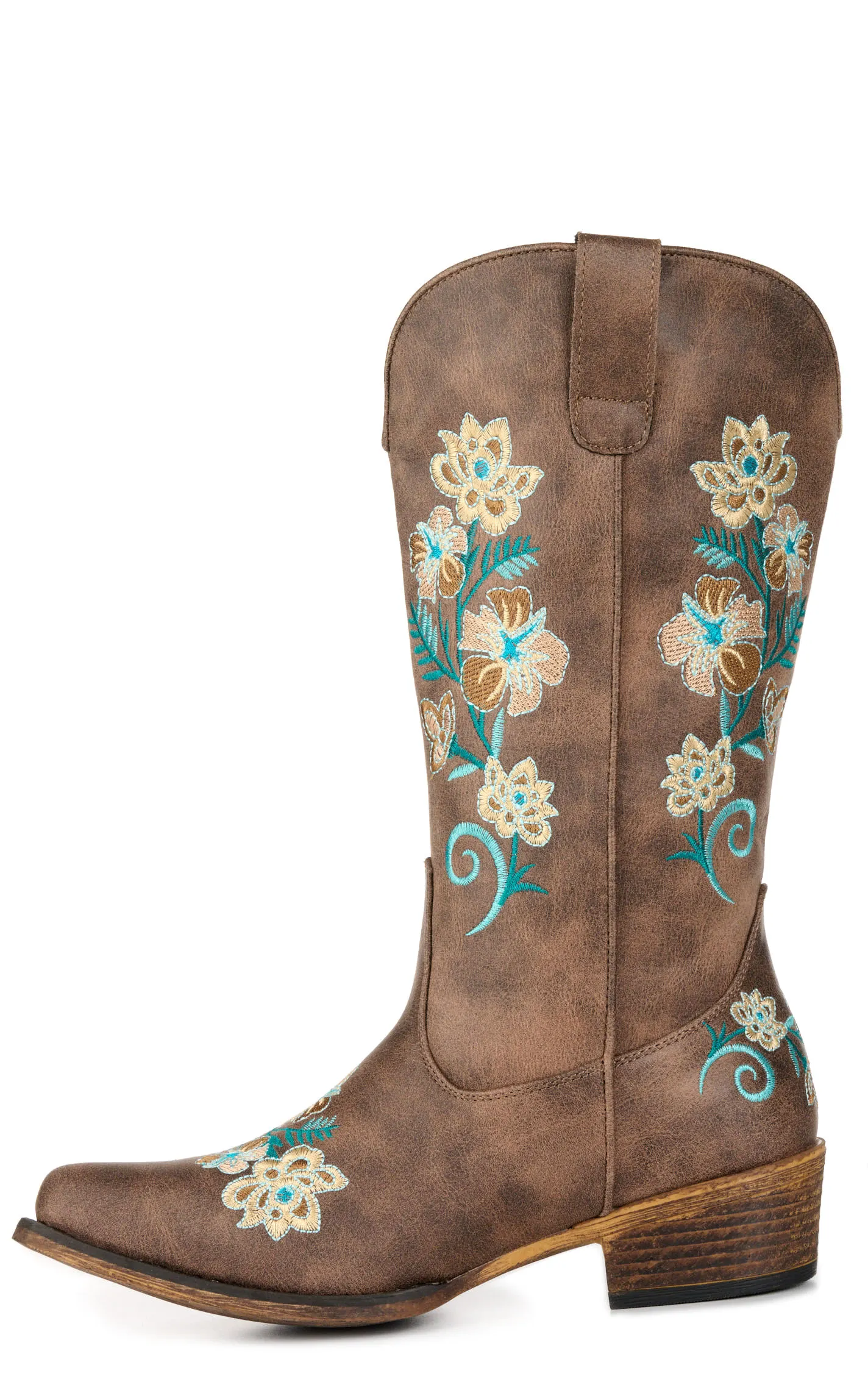 Roper Women's Riley Brown with Floral Embroidery Snip Toe Cowboy Boots