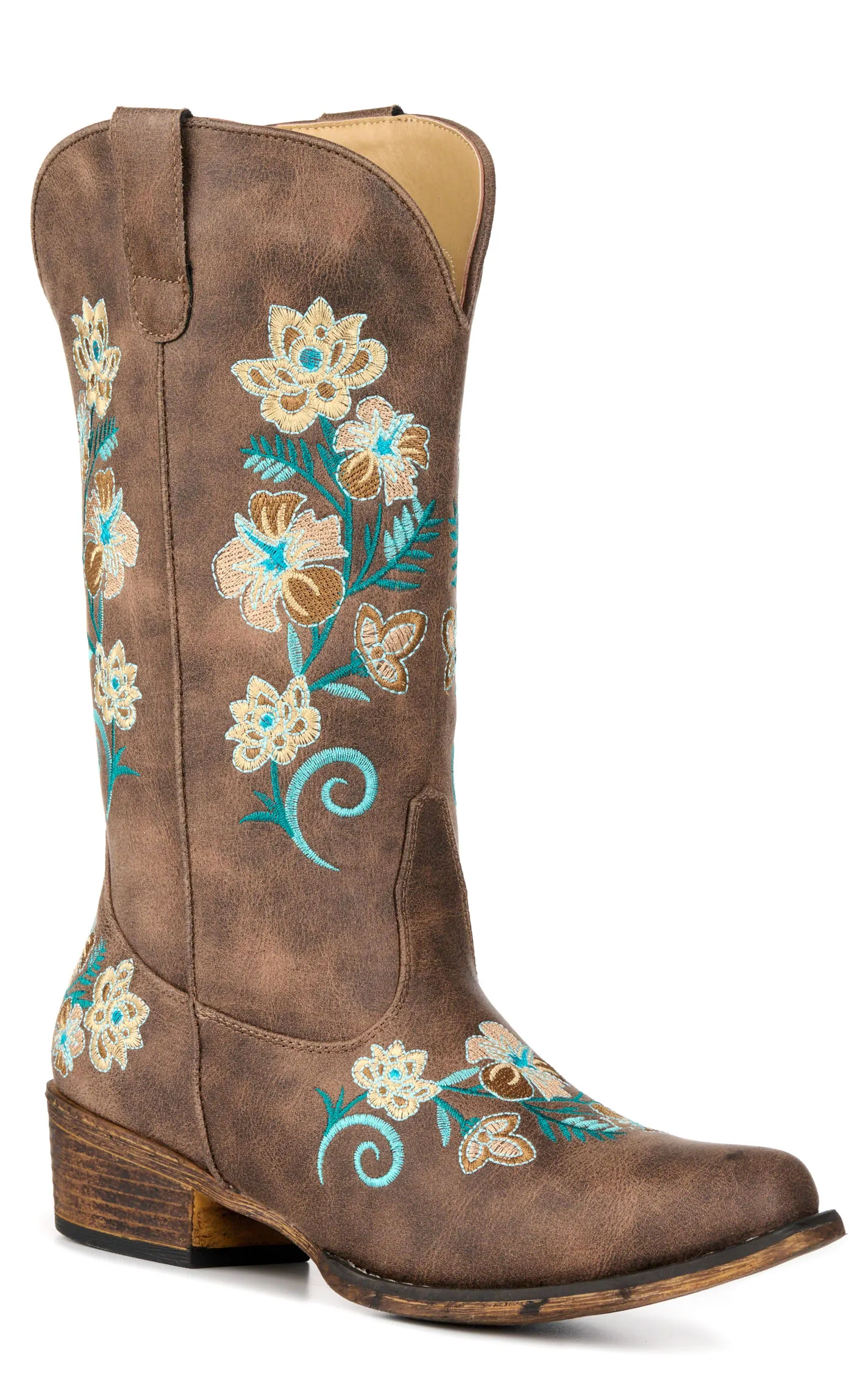 Roper Women's Riley Brown with Floral Embroidery Snip Toe Cowboy Boots