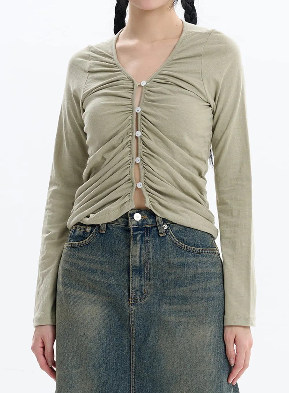 Ruched Button Crop Long Sleeve IF413