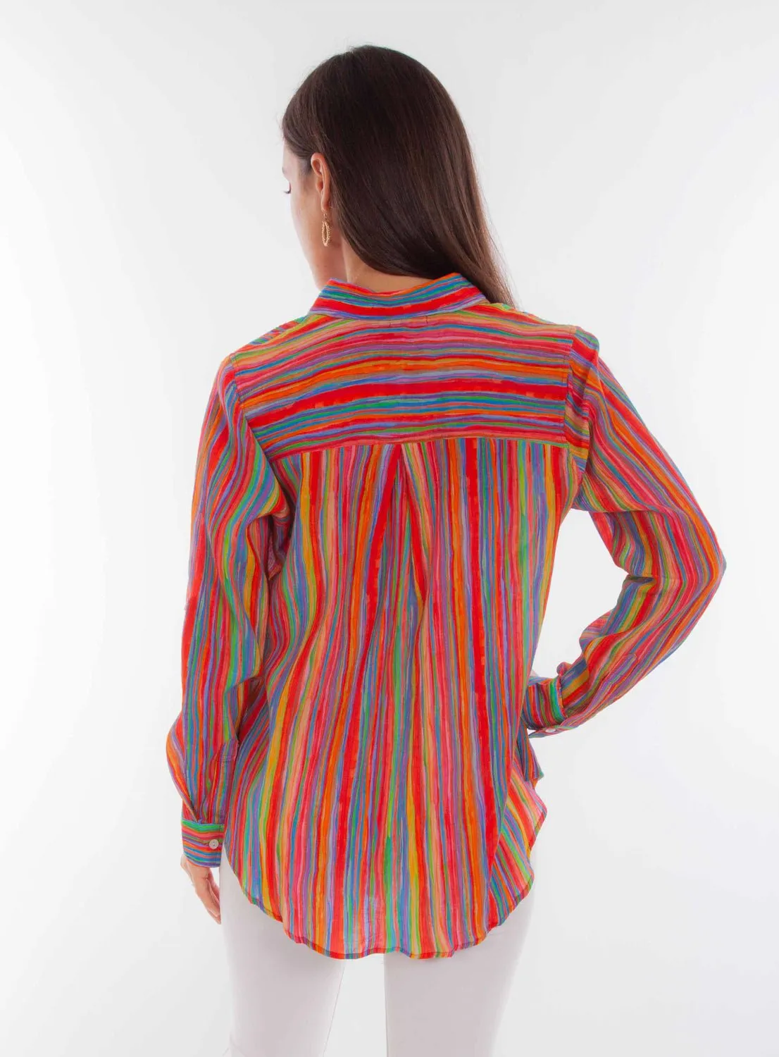 Scully Womens Rainbow Stripe Multi-Color Rayon L/S Blouse