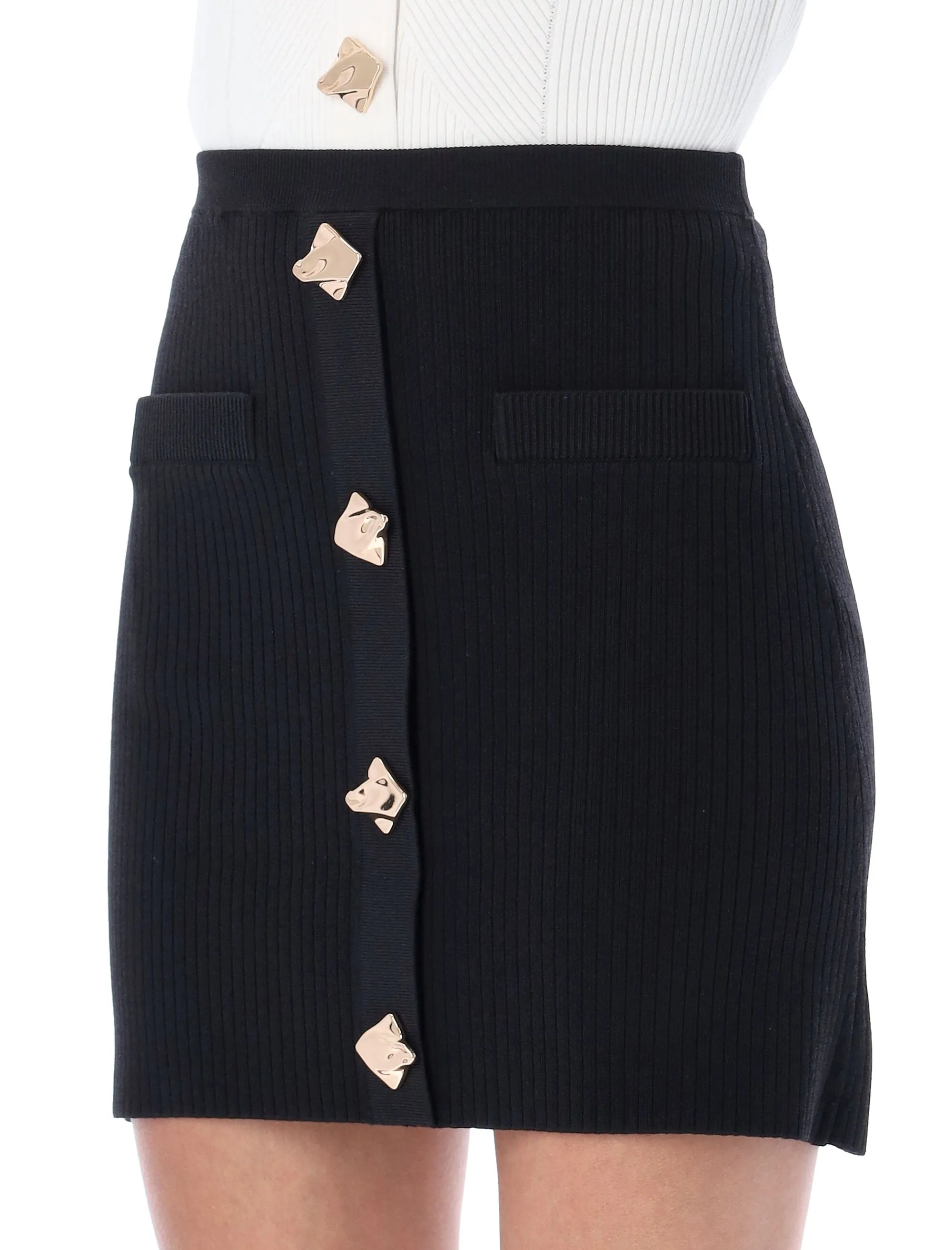 Self-Portrait Buttoned Ribbed Knit Mini Skirt