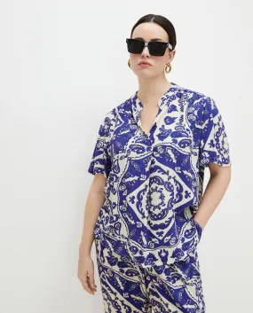 Short Sleeve Blouse - Blue Geometric Print