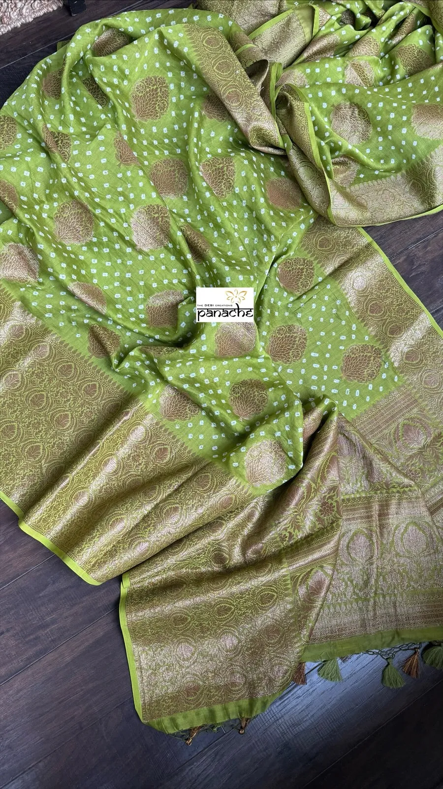 Silk Cotton Bandhani Banaras Chanderi - Green Gold Zari