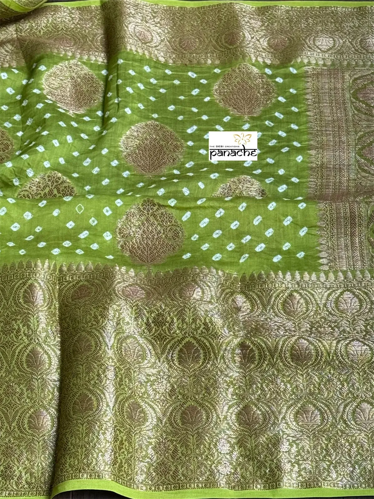 Silk Cotton Bandhani Banaras Chanderi - Green Gold Zari