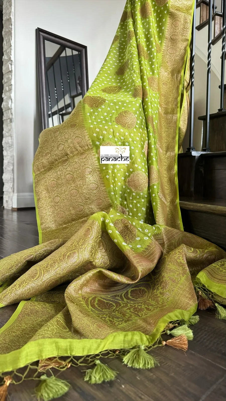 Silk Cotton Bandhani Banaras Chanderi - Green Gold Zari