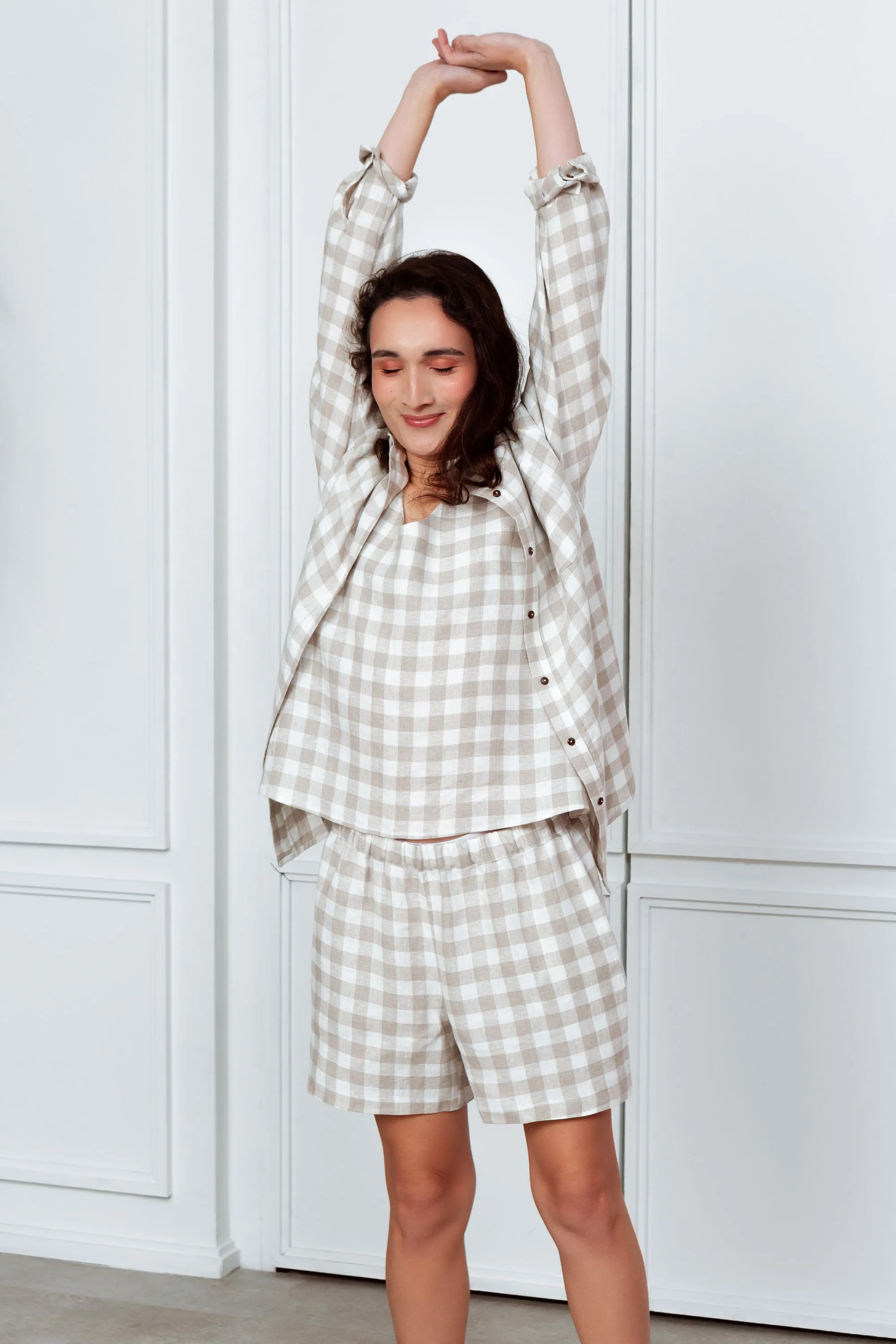 Soft Linen Pajama with Check Print Set. 3 Piece Pajama Set.