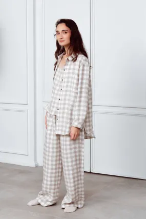 Soft Linen Pajama with Check Print Set. Long Pajama Set.