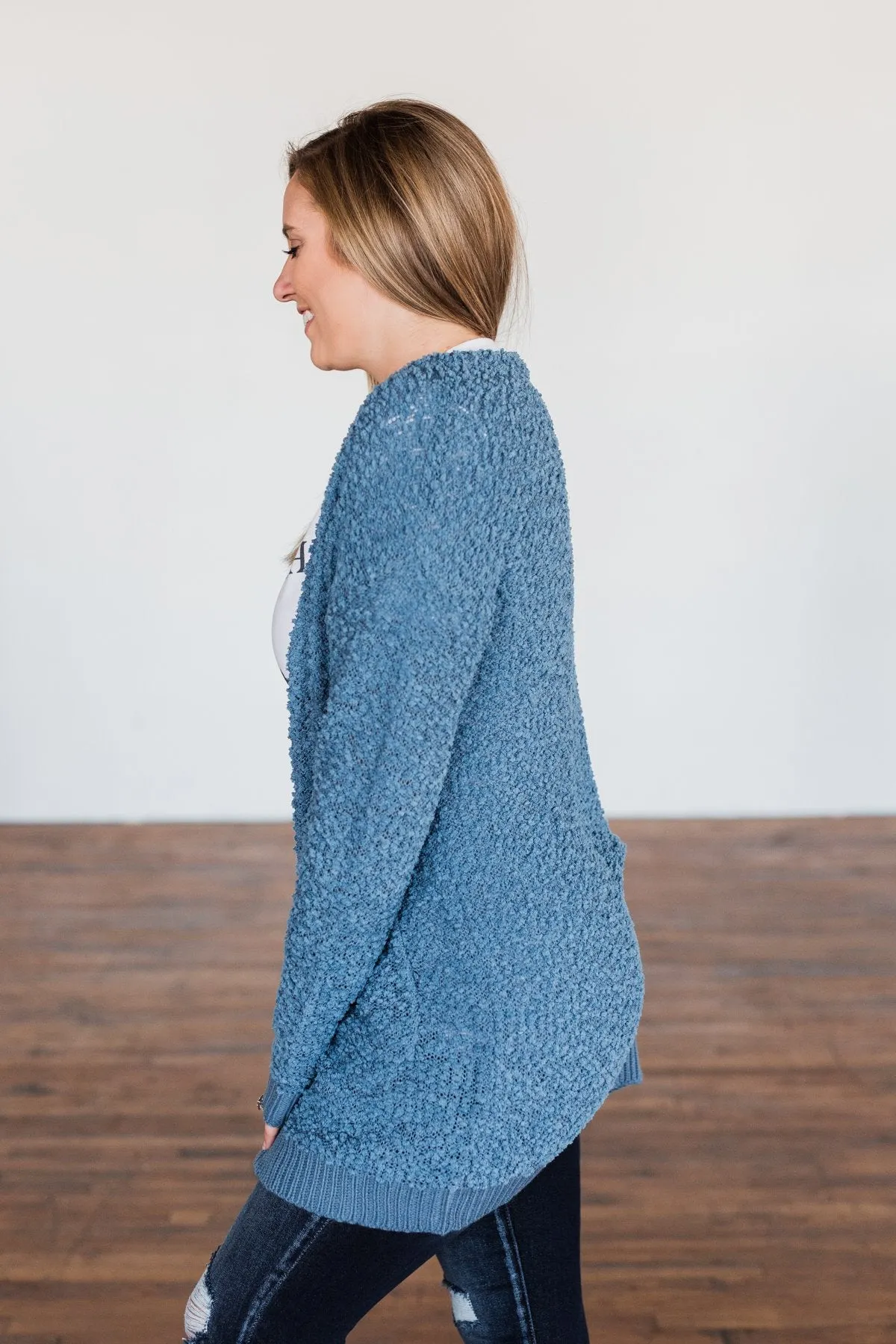 Stealing Glances Popcorn Knit Cardigan- Steel Blue