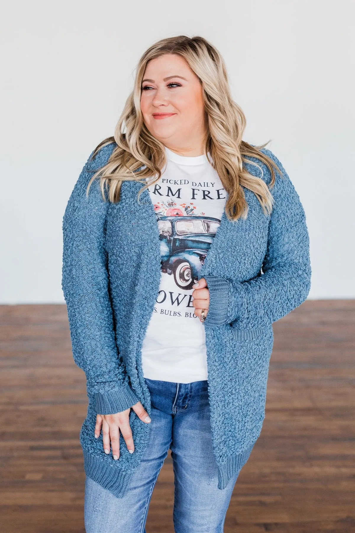 Stealing Glances Popcorn Knit Cardigan- Steel Blue