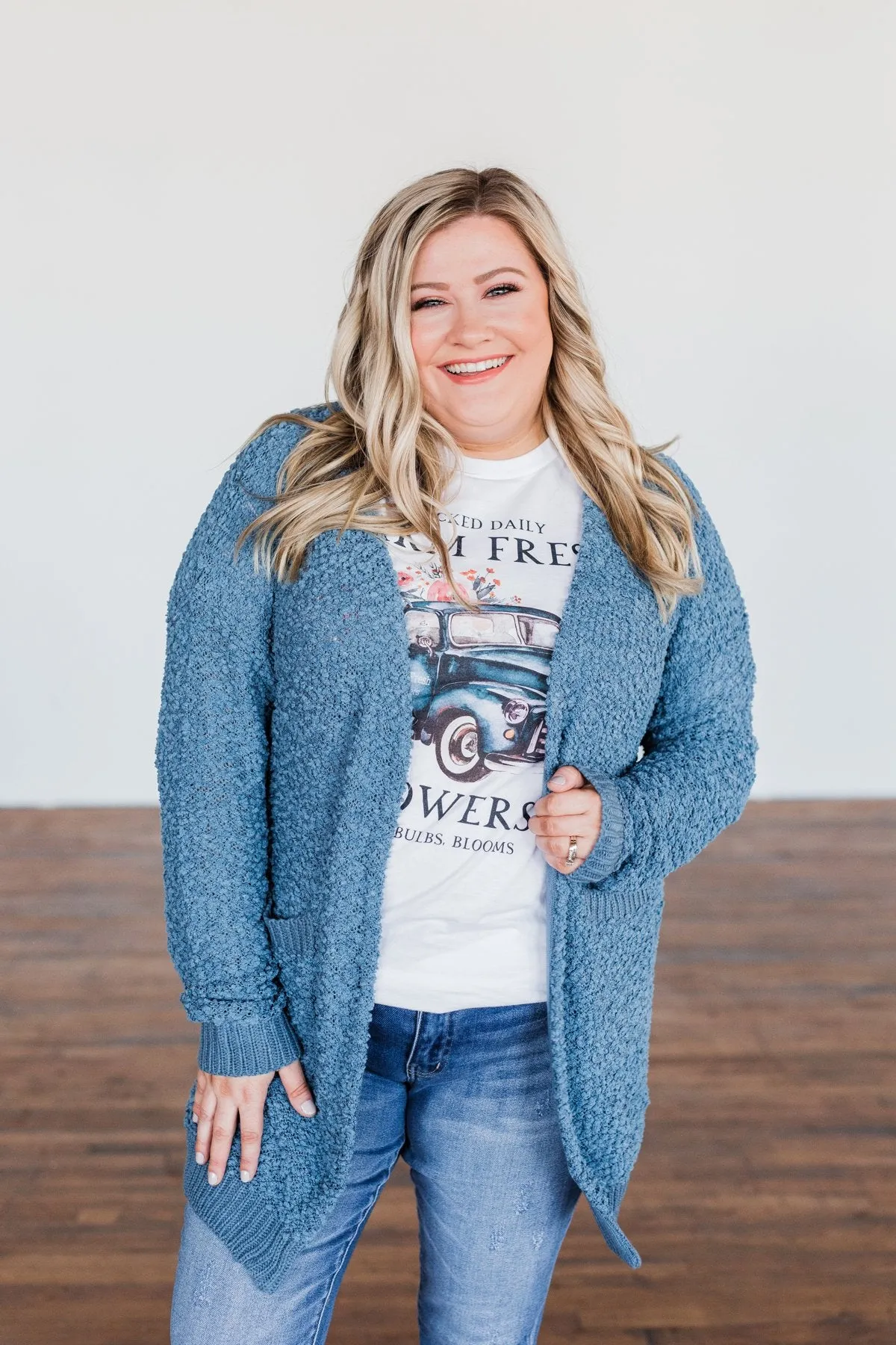 Stealing Glances Popcorn Knit Cardigan- Steel Blue