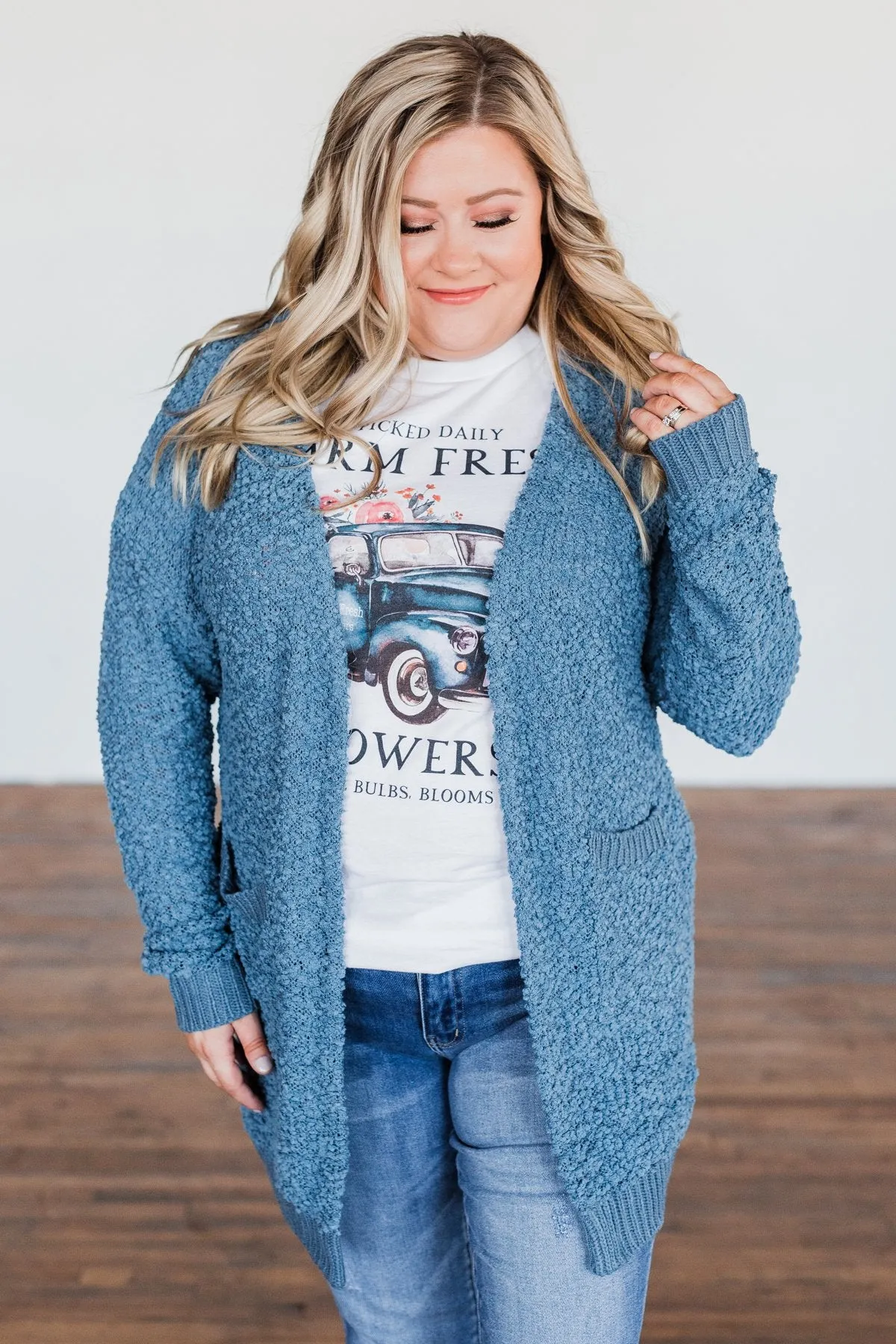 Stealing Glances Popcorn Knit Cardigan- Steel Blue