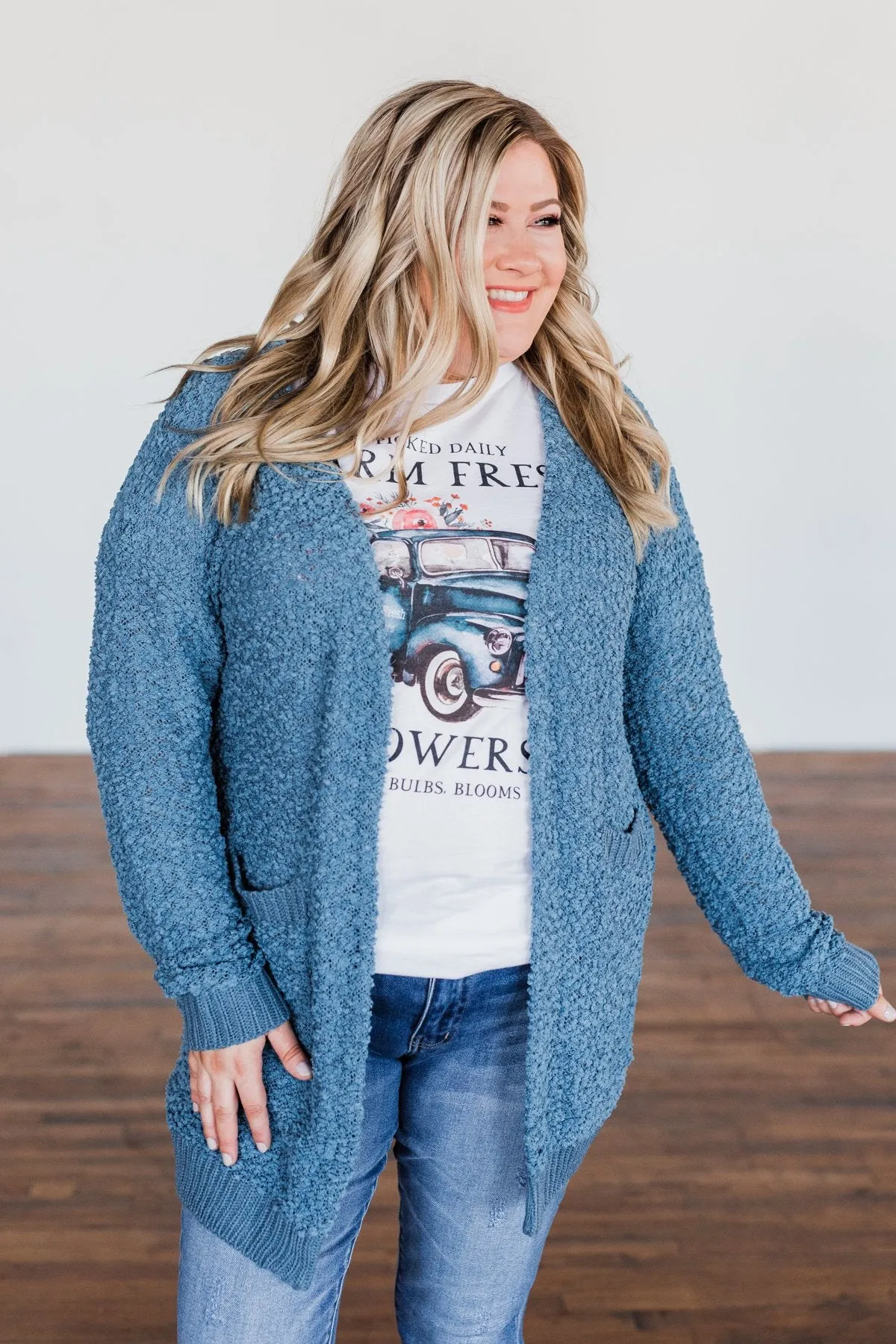 Stealing Glances Popcorn Knit Cardigan- Steel Blue