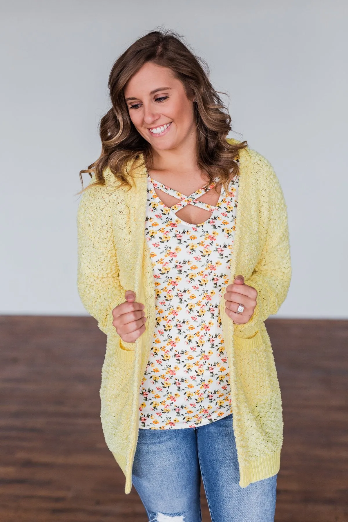 Stealing Glances Popcorn Knit Cardigan- Yellow