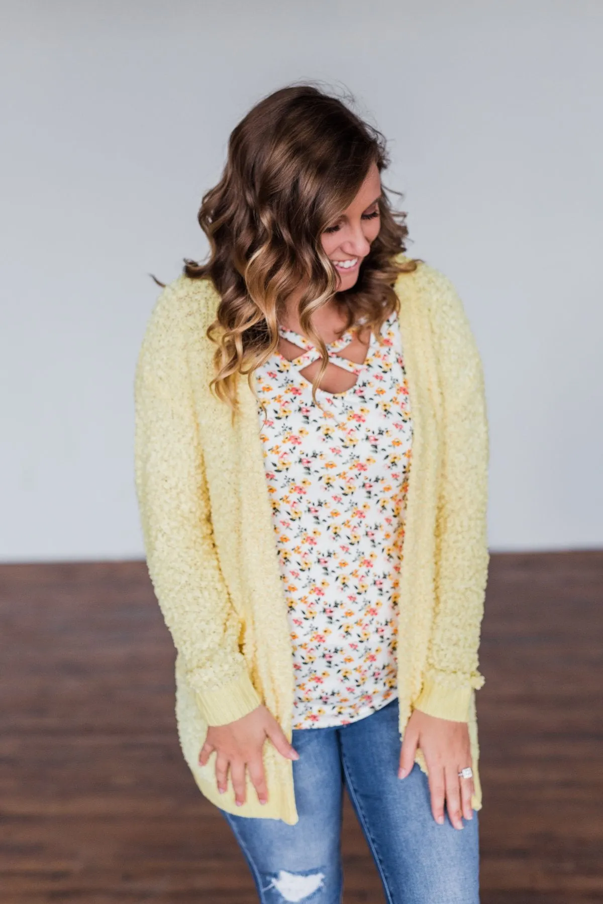 Stealing Glances Popcorn Knit Cardigan- Yellow