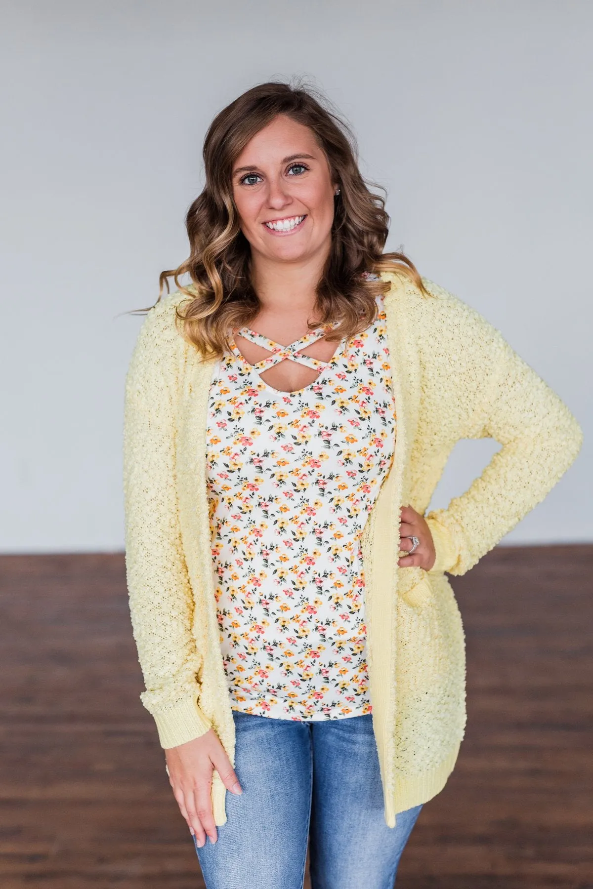 Stealing Glances Popcorn Knit Cardigan- Yellow