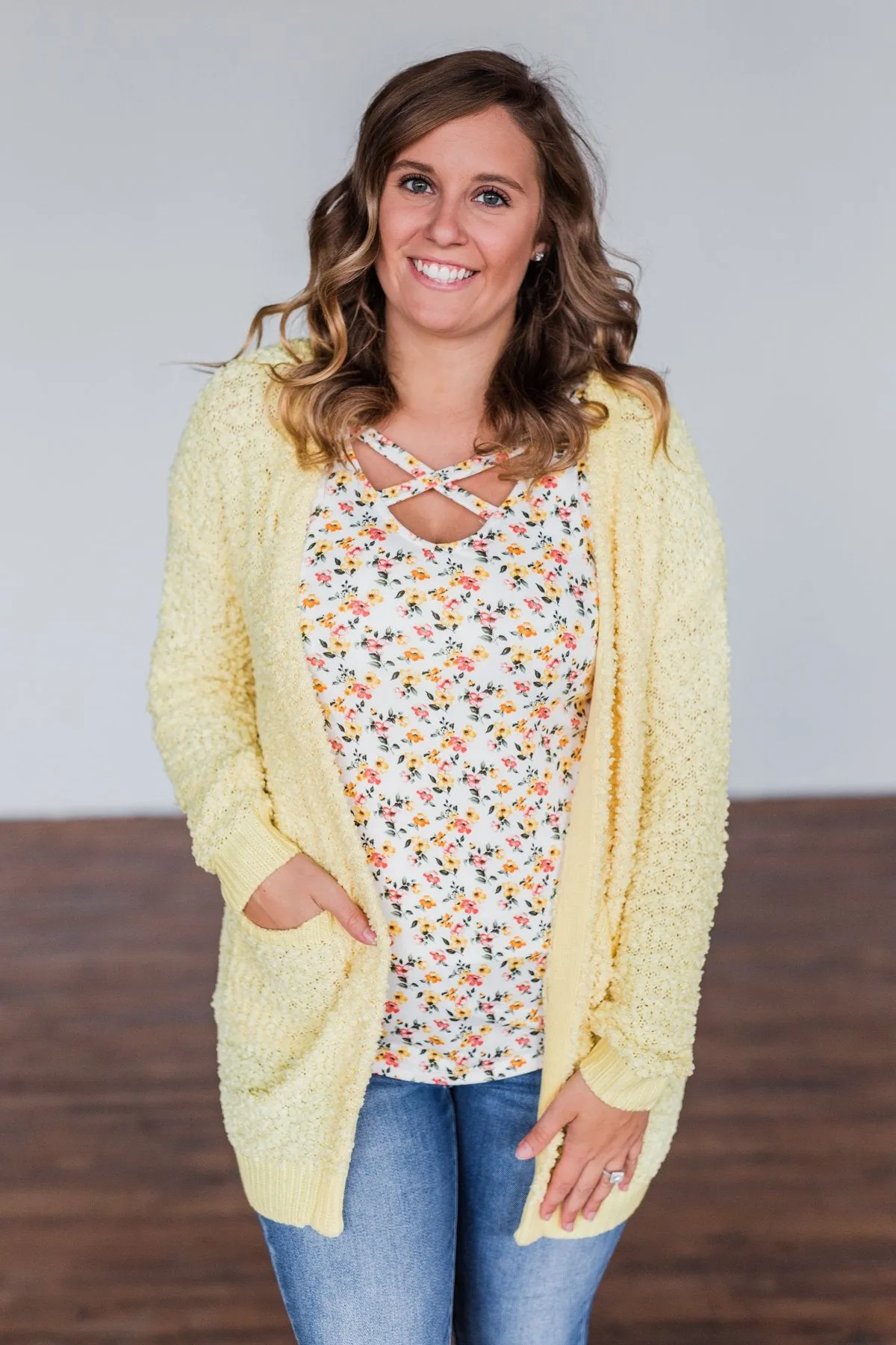 Stealing Glances Popcorn Knit Cardigan- Yellow