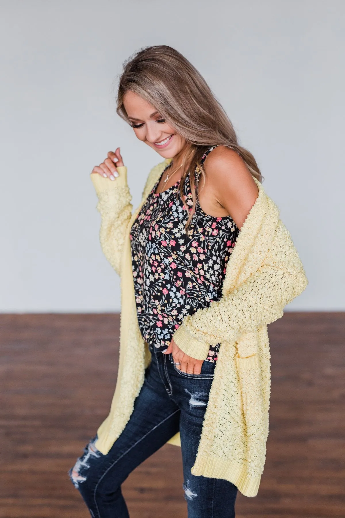 Stealing Glances Popcorn Knit Cardigan- Yellow