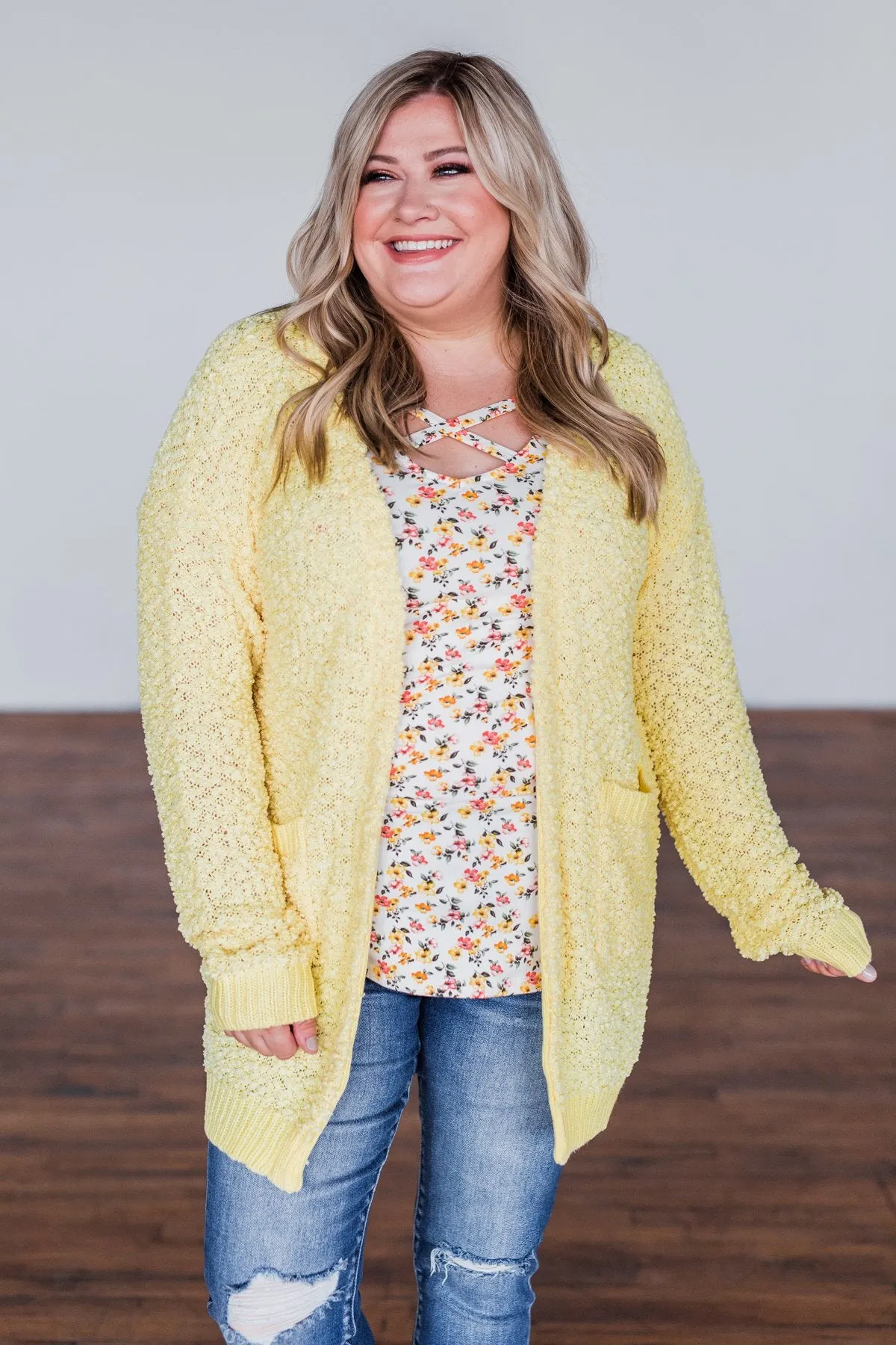 Stealing Glances Popcorn Knit Cardigan- Yellow