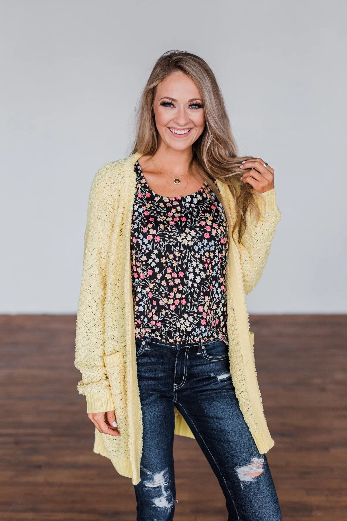 Stealing Glances Popcorn Knit Cardigan- Yellow