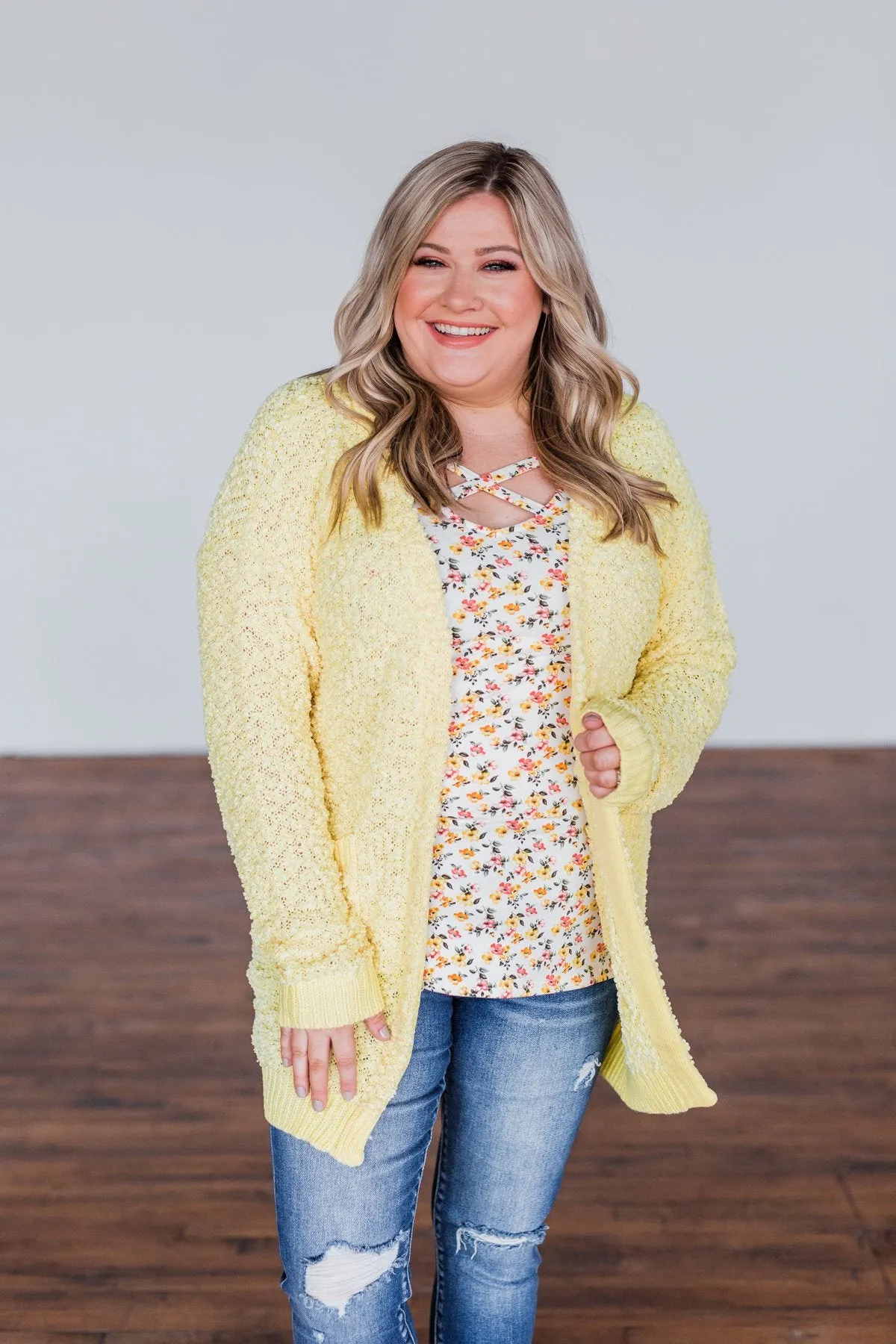 Stealing Glances Popcorn Knit Cardigan- Yellow