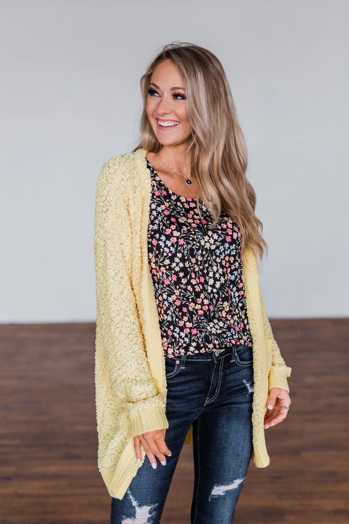 Stealing Glances Popcorn Knit Cardigan- Yellow